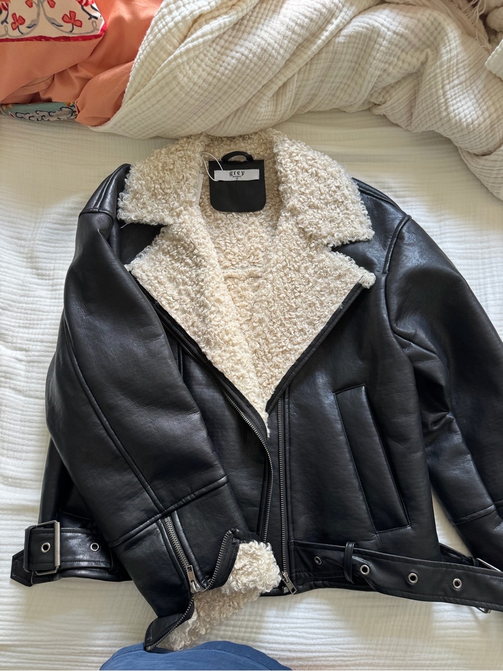 Black Faux Leather Shearling-Trim Moto Jacket by Grey bandit oversized